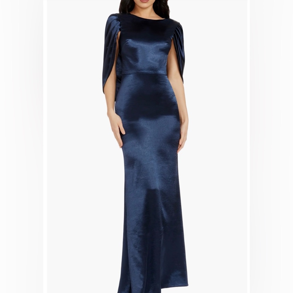 Dress the Population Navy Satin Capelet Gown